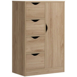 Homcom Freestanding Bathroom Cabinet With 4 Drawers And Door Cupboard Natural - thumbnail 2