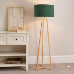 Valuelights Lottie Natural Wood Tripod Floor Lamp With Forest Green Drum Shade - Led Bulb Included