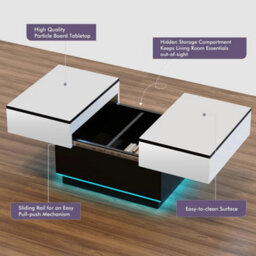 Led Extendable Coffee Table Wooden 2 Hidden Storage Modern Living Room - thumbnail 5