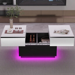 Led Extendable Coffee Table Wooden 2 Hidden Storage Modern Living Room - thumbnail 4