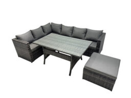 Fimous Outdoor Pe Rattan Sofa Set With Dining Table Patio Garden Furniture Sets With Big Stool Dark Grey Mixed - thumbnail 1