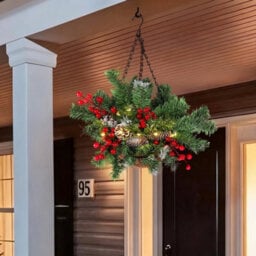 Pre-Lit Artificial Plants Hanging Basket Decorated With Berry Frosted Pine Cones - thumbnail 4