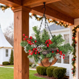 Pre-Lit Artificial Plants Hanging Basket Decorated With Berry Frosted Pine Cones - thumbnail 5
