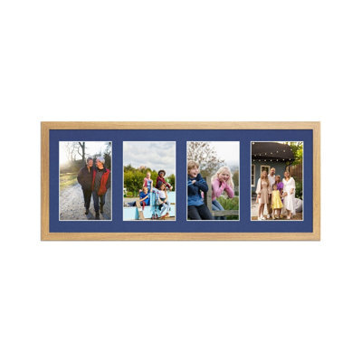 AK Frames 50X20Cm Oak Sleek Multi Photo Frame With Blue Mount - Holds 4 Apertures (4X) 6X4 Photos - image 1