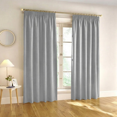 Aspire Homeware Light Grey Plain Blackout Curtain Room Darkening Pencil Pleat Curtain Pair (W)168Cm X (D)183Cm With Tie Back Pair - image 1