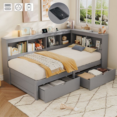 Merax 3Ft L-Shape Daybed 90X190 Cm, Wooden Bed With 2 Storage Drawers, Bookcase Headboard & Charging Station, White - image 1