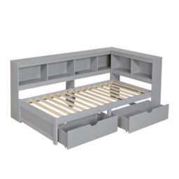 Merax 3Ft L-Shape Daybed 90X190 Cm, Wooden Bed With 2 Storage Drawers, Bookcase Headboard & Charging Station, White - thumbnail 7