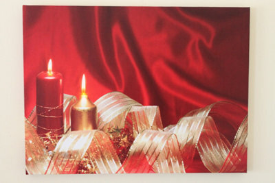 Garden Market Place Decorative Christmas Ribbon And Candles Canvas Picture Print With Led Lights
