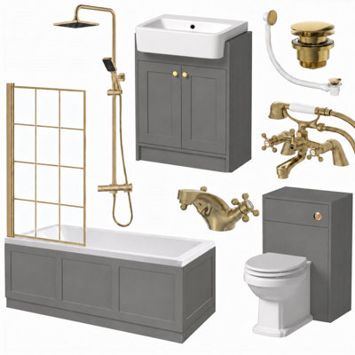 Aveli Complete Traditional Bathroom Suite 1700mm Square Bath With Grey Vanity Unit, Toilet, Brushed Brass Shower, Bath Screen & Taps - image 1