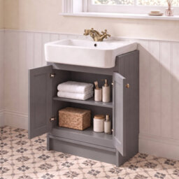 Aveli Complete Traditional Bathroom Suite 1700mm Square Bath With Grey Vanity Unit, Toilet, Brushed Brass Shower, Bath Screen & Taps - thumbnail 5