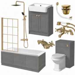 Aveli Complete Traditional Bathroom Suite 1700mm Square Bath With Grey Vanity Unit, Toilet, Brushed Brass Shower, Bath Screen & Taps - thumbnail 1