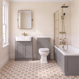 Aveli Complete Traditional Bathroom Suite 1700mm Square Bath With Grey Vanity Unit, Toilet, Brushed Brass Shower, Bath Screen & Taps - thumbnail 2