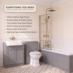 Aveli Complete Traditional Bathroom Suite 1700mm Square Bath With Grey Vanity Unit, Toilet, Brushed Brass Shower, Bath Screen & Taps - thumbnail 9