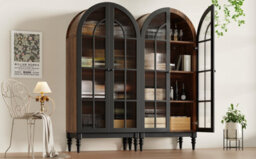 Btm 2 Piece Tall Arch Storage Cabinets Freestanding Kitchen Cabinet With Glass Doors Display Cabinet Wood Grain - thumbnail 1