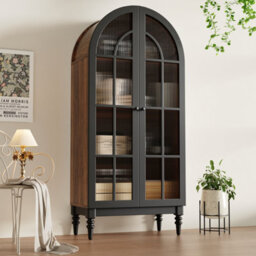 Btm 2 Piece Tall Arch Storage Cabinets Freestanding Kitchen Cabinet With Glass Doors Display Cabinet Wood Grain - thumbnail 3