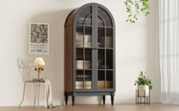 Btm 2 Piece Tall Arch Storage Cabinets Freestanding Kitchen Cabinet With Glass Doors Display Cabinet Wood Grain - thumbnail 8