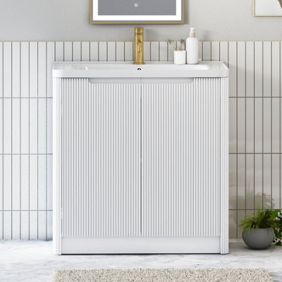 Royal Bathrooms Avenza 800mm Fluted Floor Standing Vanity Unit Matt White 2 Door Storage Cabinet With Ceramic Basin - image 1