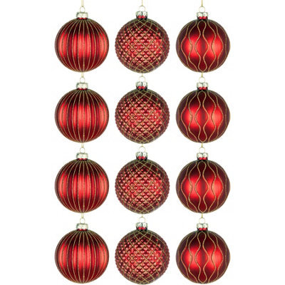 Shatchi Christmas 8Cm Red Glass Baubles Set - 12Pcs Ornaments With 3 Assorted Designs For Tree Decorations - image 1