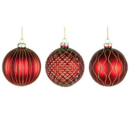 Shatchi Christmas 8Cm Red Glass Baubles Set - 12Pcs Ornaments With 3 Assorted Designs For Tree Decorations - thumbnail 5