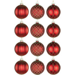 Shatchi Christmas 8Cm Red Glass Baubles Set - 12Pcs Ornaments With 3 Assorted Designs For Tree Decorations - thumbnail 1