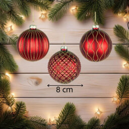 Shatchi Christmas 8Cm Red Glass Baubles Set - 12Pcs Ornaments With 3 Assorted Designs For Tree Decorations - thumbnail 2