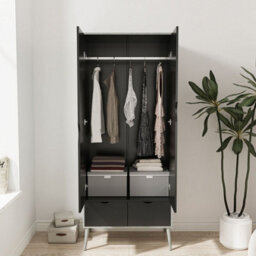 Urbn-Living Urbnliving 180Cm Height Ash Grey Wardrobe With Black 2 Door 2 Drawer Scandi Legs Cupboard Hanging Rail Unit - thumbnail 3