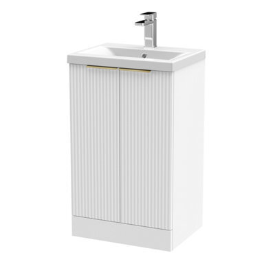Balterley 500mm Satin White Fluted 2-Door Floor Standing Vanity Unit With Basin & Brushed Brass Handles - image 1