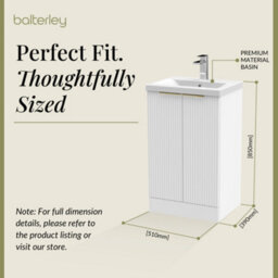 Balterley 500mm Satin White Fluted 2-Door Floor Standing Vanity Unit With Basin & Brushed Brass Handles - thumbnail 5