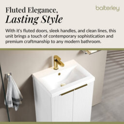Balterley 500mm Satin White Fluted 2-Door Floor Standing Vanity Unit With Basin & Brushed Brass Handles - thumbnail 4
