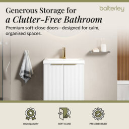 Balterley 500mm Satin White Fluted 2-Door Floor Standing Vanity Unit With Basin & Brushed Brass Handles - thumbnail 3