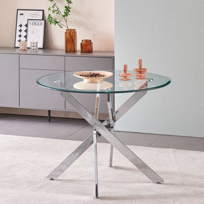 Amara 100Cm Round Glass Dining Table With Chrome Silver Legs - image 1