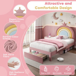 Btm Single Upholstered Bed Rainbow Headboard Velvet Bed Frame Storage Drawer Crown Pink Easy Assembly - thumbnail 5