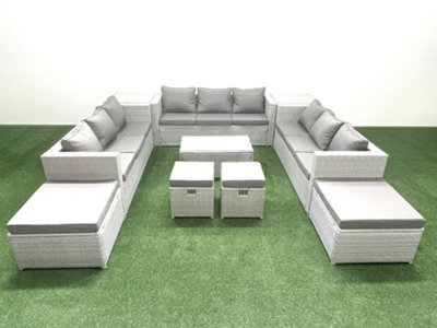 Fimous 10 Pieces Rattan Garden Furniture Set Outdoor Garden Sofa Coffee Table Set 2 Side Tables 4 Stools Light Grey - image 1