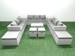 Fimous 10 Pieces Rattan Garden Furniture Set Outdoor Garden Sofa Coffee Table Set 2 Side Tables 4 Stools Light Grey - thumbnail 2