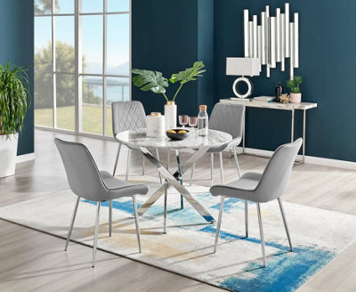 Furniturebox Novara White Marble Effect 100Cm Round Dining Table With Chrome Starburst Legs & 4 Grey Velvet Pesaro Chairs - image 1