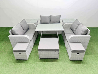 Fimous Rattan Garden Furniture Dining Set 9-Seater Patio Rectangular Table Love Sofa Set With 2 Side Tables 3 Stools - image 1