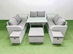 Fimous Rattan Garden Furniture Dining Set 9-Seater Patio Rectangular Table Love Sofa Set With 2 Side Tables 3 Stools - thumbnail 2