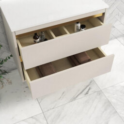 Royal Bathrooms Orion 800mm Warm Taupe Wall Hung Vanity Unit 2 Drawer With Plain White Undrilled Worktop & Brushed Brass Accent Trim - thumbnail 4