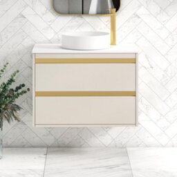 Royal Bathrooms Orion 800mm Warm Taupe Wall Hung Vanity Unit 2 Drawer With Plain White Undrilled Worktop & Brushed Brass Accent Trim - thumbnail 2