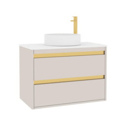Royal Bathrooms Orion 800mm Warm Taupe Wall Hung Vanity Unit 2 Drawer With Plain White Undrilled Worktop & Brushed Brass Accent Trim - thumbnail 6
