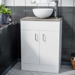 Nes Home 600mm White Vanity Cabinet With Oak Worktop And 320mm Round Basin - thumbnail 1