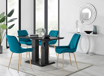 Furniturebox Imperia 4 Modern Black High Gloss Dining Table And 4 Blue Pesaro Gold Leg Chairs - image 1