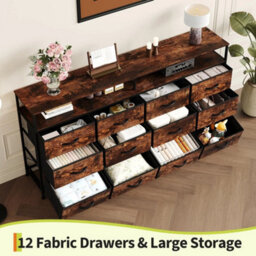 Brown 12 Drawer Fabric Dresser Tv Stand W Wooden Top,metal Frame Storage Chest,bedroom - thumbnail 3