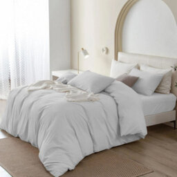 Oxford Homeware Plain Duvet Cover Set Double Silver With Fitted Sheet & Pillowcases, Plain Bedding Duvet Cover - thumbnail 3