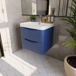 Balterley Dunwood Modern Bathroom Wall Hung 2 Drawer Vanity Unit & Ceramic Basin, Satin Blue, 600mm - thumbnail 4