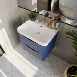 Balterley Dunwood Modern Bathroom Wall Hung 2 Drawer Vanity Unit & Ceramic Basin, Satin Blue, 600mm - thumbnail 3