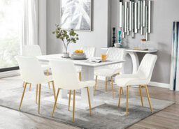 Furniturebox Imperia White High Gloss 6 Seater Dining Table With Structural 2 Plinth Column Legs 6 Cream Velvet Gold Leg Pesaro Chairs