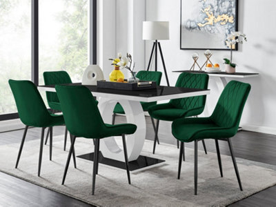 Furniturebox Giovani Rectangular 6 Seat White High Gloss Unique Halo Base Dining Table Black Glass Top 6 Green Velvet Black Leg Pesaro Chairs - image 1