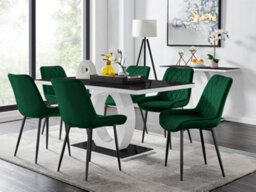 Furniturebox Giovani Rectangular 6 Seat White High Gloss Unique Halo Base Dining Table Black Glass Top 6 Green Velvet Black Leg Pesaro Chairs