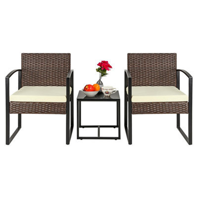 Taylor & Brown 3Piece Bistro Set, Outdoor Rattan Furniture With Cushioned Chairs & Glass Table For Garden, Balcony, Poolside - image 1